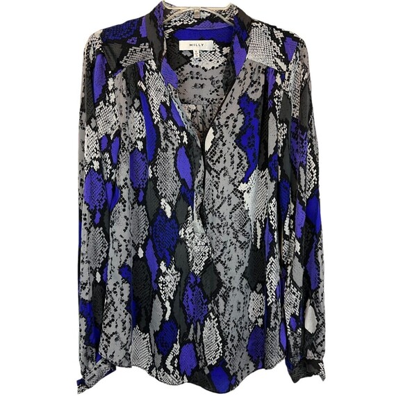 Milly Silk Partial Hook Front Closure Shirt Blouse  Women's Size 0  Purple Snake - Picture 1 of 8